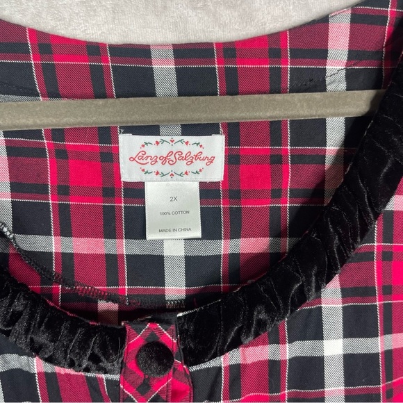 Lanz Of Salzburg Plaid Velvet Trim Flannel Nightgown Dress In Red Size 2X - Picture 3 of 7